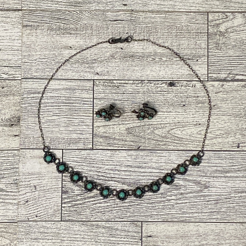 Vtg Art Nouveau Floral Turquoise Sterling Silver Choker Necklace & Earrings Set